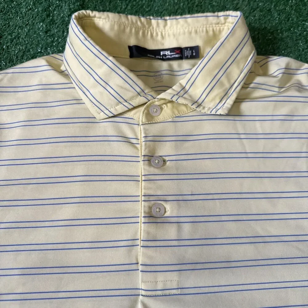 RLX Ralph Lauren Athletic Polo Shirt Men’s Large Yellow Blue Striped Stretch Fit